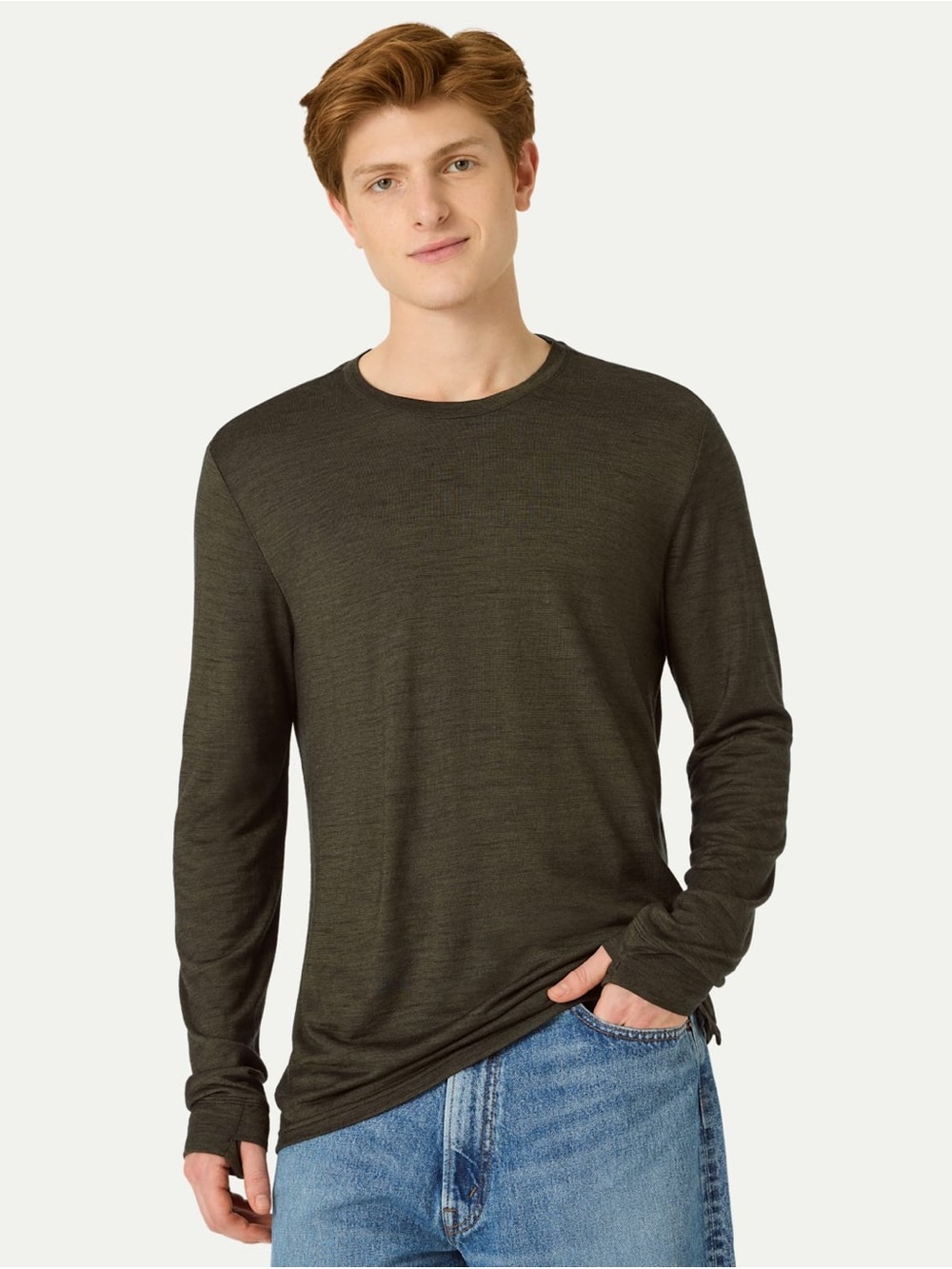 Bombas Men's 50% Merino Wool Long-Sleeve Crew in Olive Green